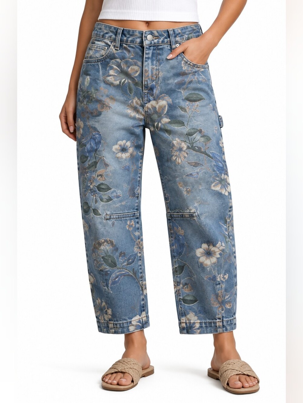 Flamingals Floral Print Women’s Jeans - Blue NWT Large
